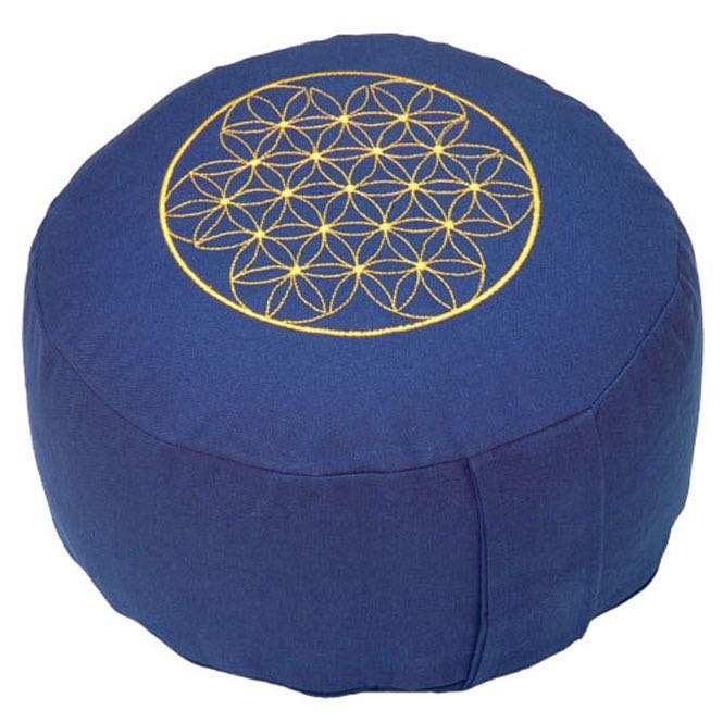 Yogakissen Meditationskissen Blume des Lebens dunkelblau Gold Dinkelspelzfüllung 