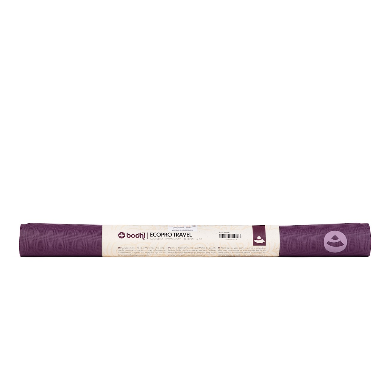 Aufgerollte bodhi Yogamatte EcoPro Travel in Violett mit Produktbanderole und hellviolettem Logo auf weißem Hintergrund.