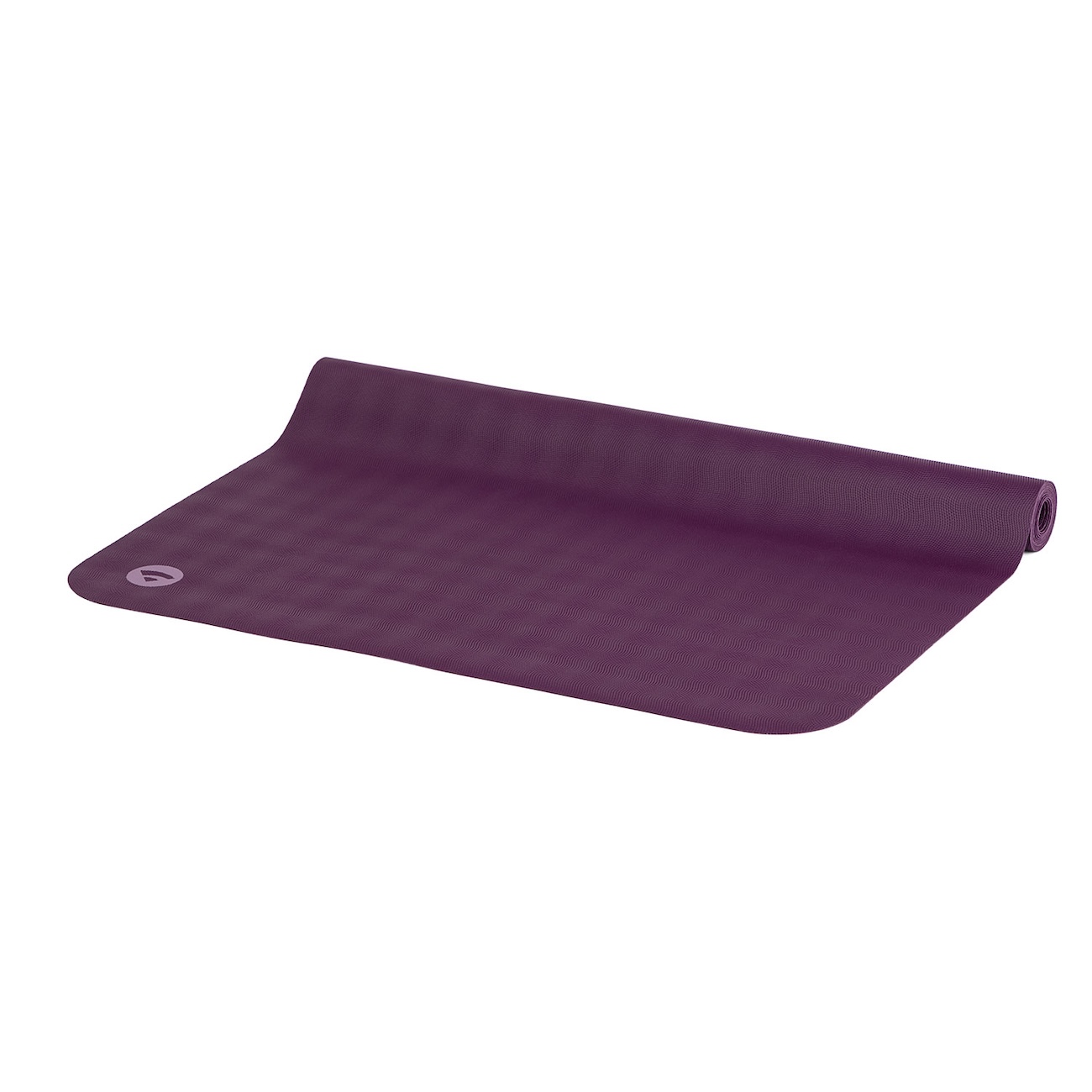 Teilweise ausgerollte bodhi EcoPro Travel Yogamatte in Violett mit strukturierter Oberfläche und hellviolettem Logo.