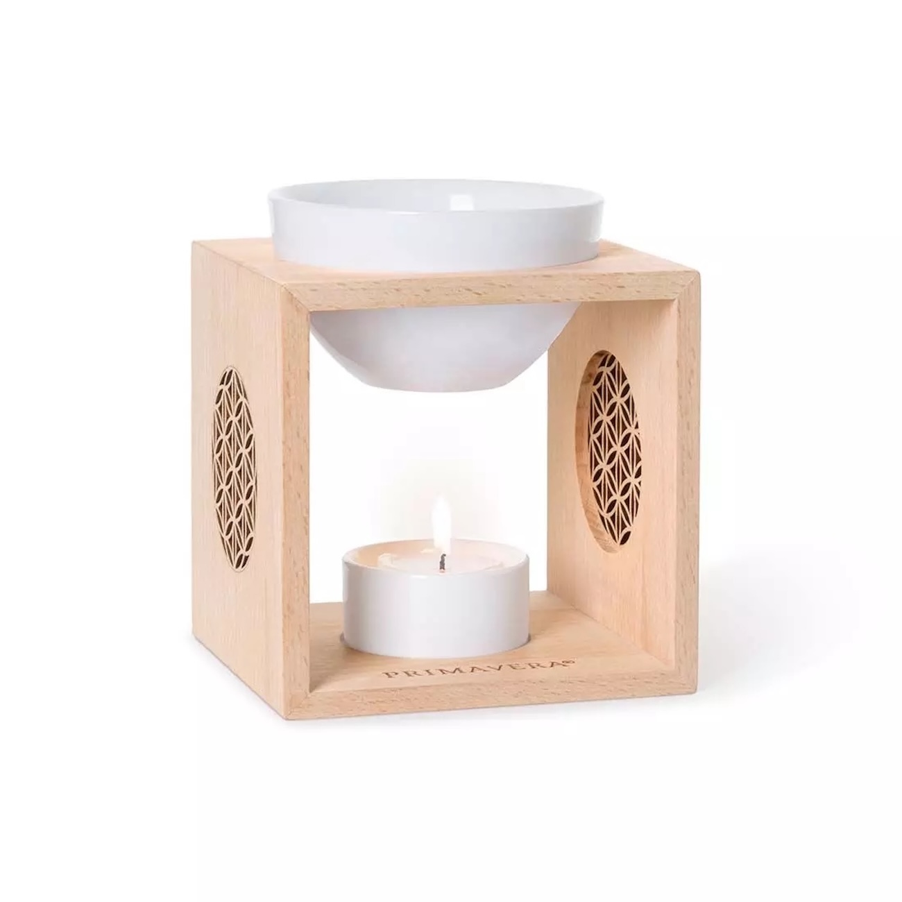 Aroma Duftlampe Balance aus Buchenholz und weißer Keramik mit Blume des Lebens