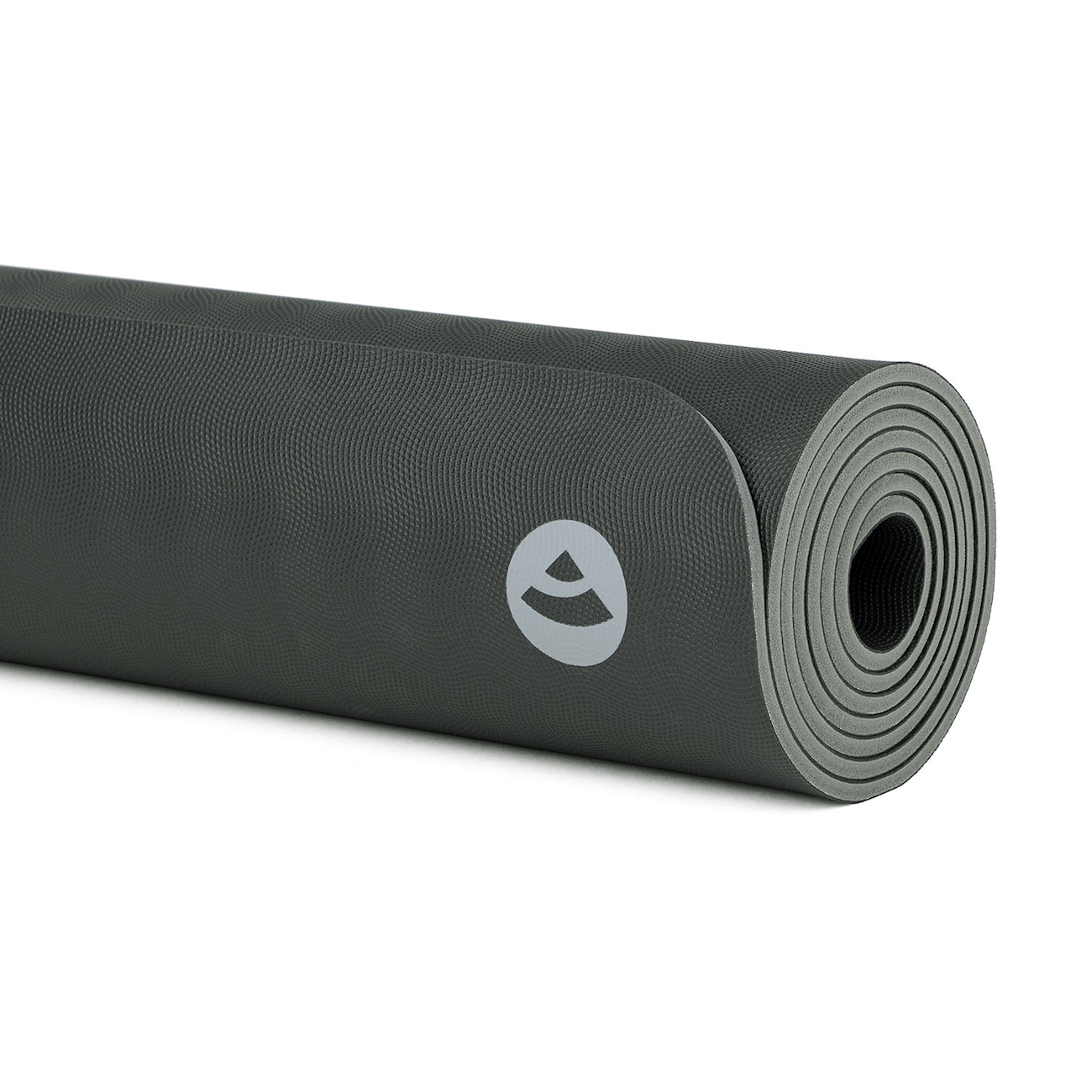 Detailansicht der aufgerollten EcoPro Diamond XL/XW Yogamatte in Schiefergrau mit sichtbaren Materialschichten und bodhi Logo.