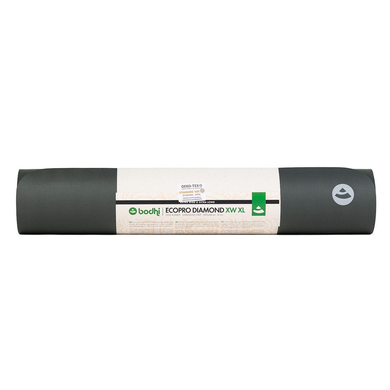 Aufgerollte Yogamatte EcoPro Diamond XL/XW in Schiefergrau mit bodhi Produktbanderole.