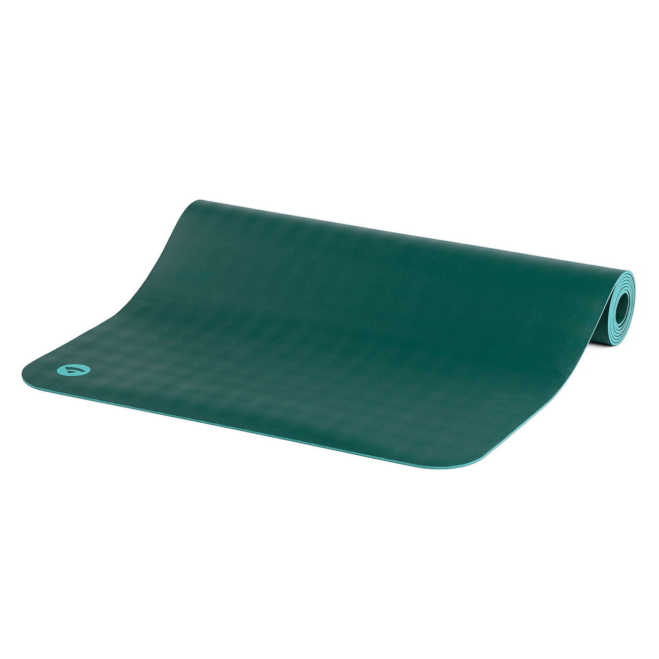 Teilweise ausgerollte EcoPro XL Yogamatte in Jungle Green mit strukturierter Oberfläche und türkisfarbenem bodhi Logo.