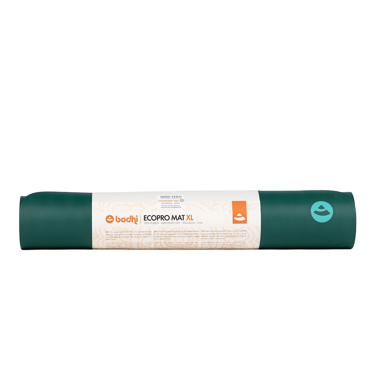 Aufgerollte bodhi EcoPro XL Yogamatte in Jungle Green mit Produktbanderole auf weißem Hintergrund.